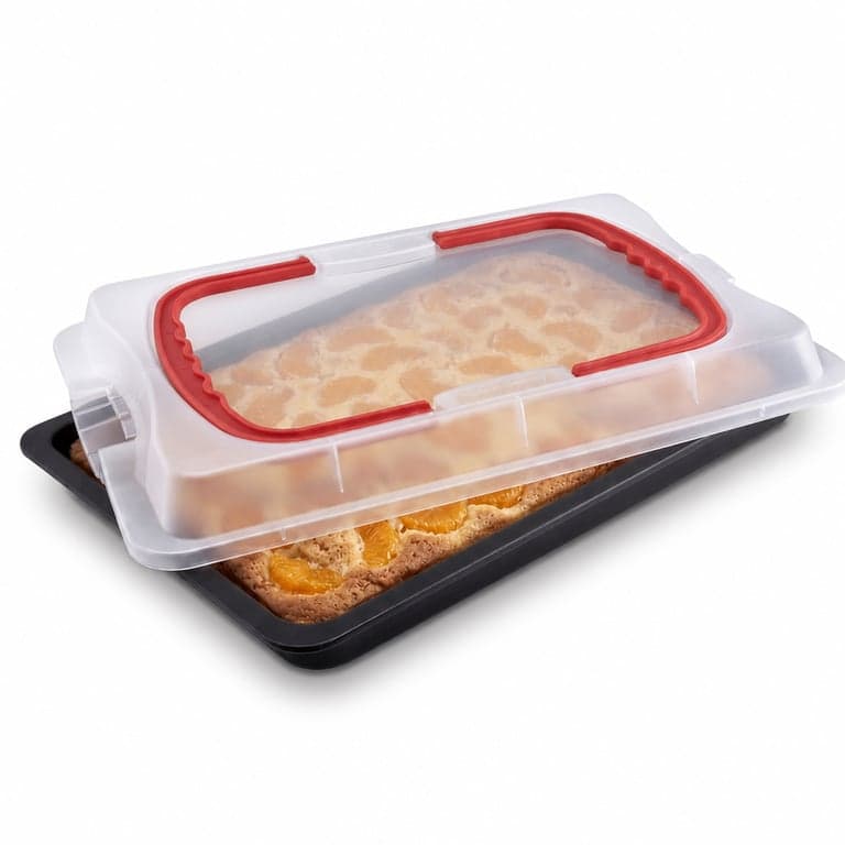 Dr. Oetker Bake & Go sütőlap átlátszó fedéllel, 42x29x4 — hibás, részben működik: az egyik rögzítő fül letörött (állapot: lásd a 2. képet)