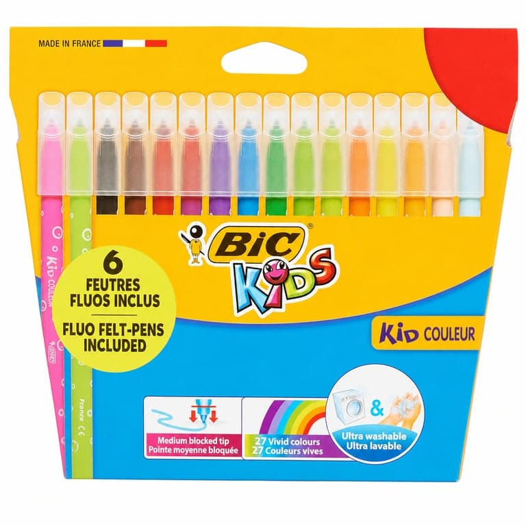 BIC Kids Kid Couleur Mosható Filctoll Gyerekeknek Készlet, Közepes Hegy, Vegyes Színek, Fluoreszkáló Tollakkal — 24 db-os szett