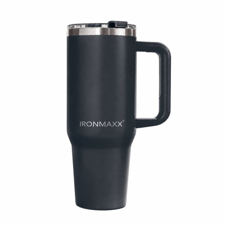 IronMaxx Cup termosz bögre fogantyúval, antracit, 1,2 L, rozsdamentes acél, duplafalu — szívószál hiányzik (állapot: lásd a 2. képet)
