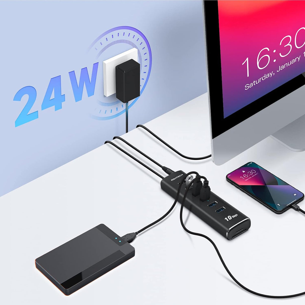 RSHTECH 8 portos USB 3.2 Hub SD/TF kártyaolvasóval, tápegységgel