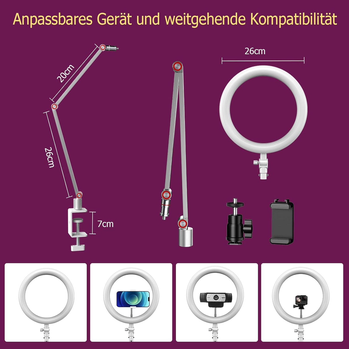 Állítható 10" LED körfény íróasztalra, telefontartóval - YouTube, TikTok, videóhívás (Fehér) - Image 8