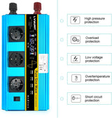 Tiszta szinuszos 3000W/6000W inverter, 12V-230V, 3 EU aljzat, 4 USB, LCD - Feszültség átalakító