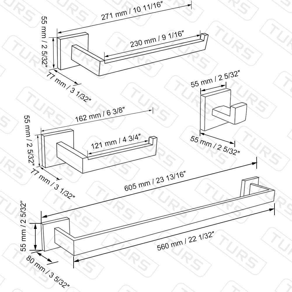 Turs 5 részes ezüst fürdőszobai szett - törölközőtartó, akasztó, WC-papír tartó - Image 6