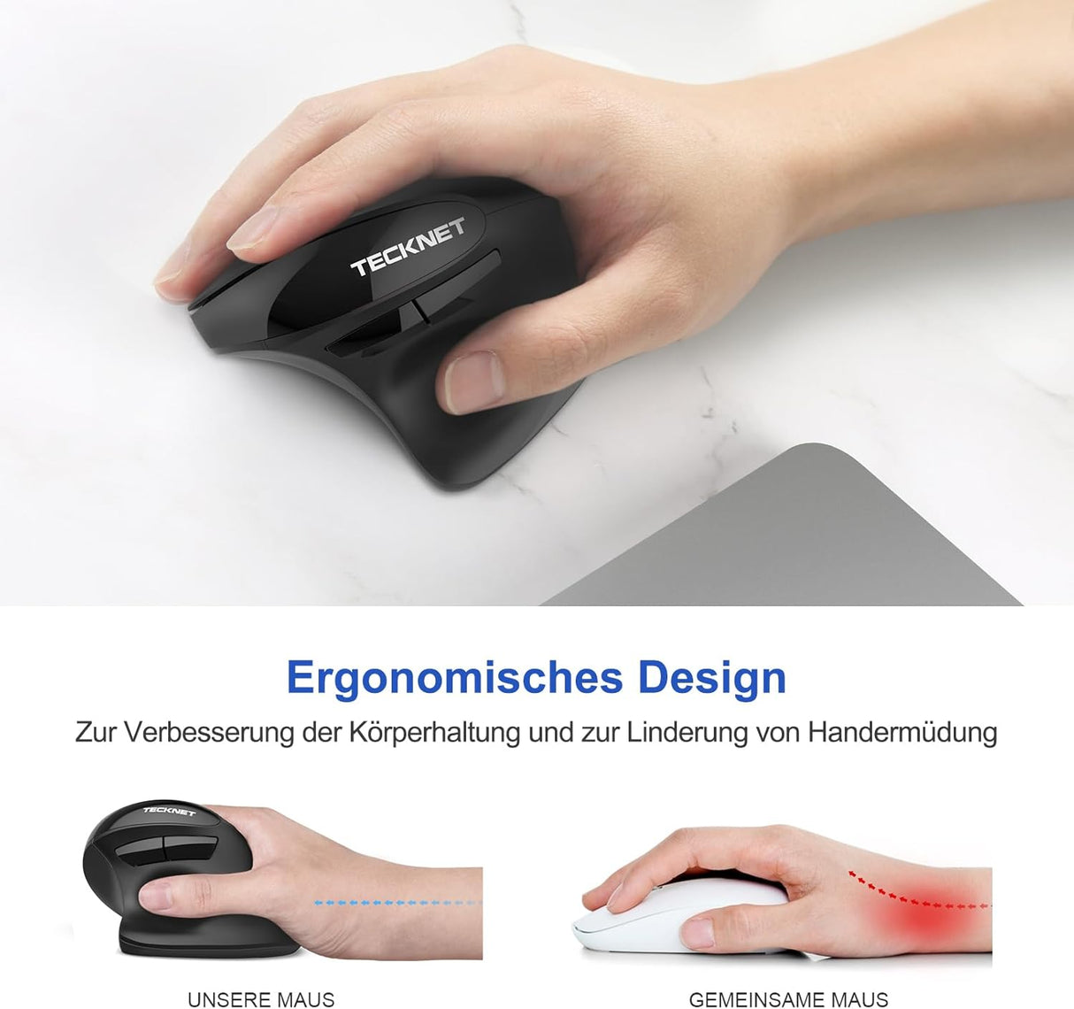 TeckNet ergonomikus vezeték nélküli függőleges egér, 2400 DPI, újratölthető, csuklófájdalom-csökkentő - Image 2