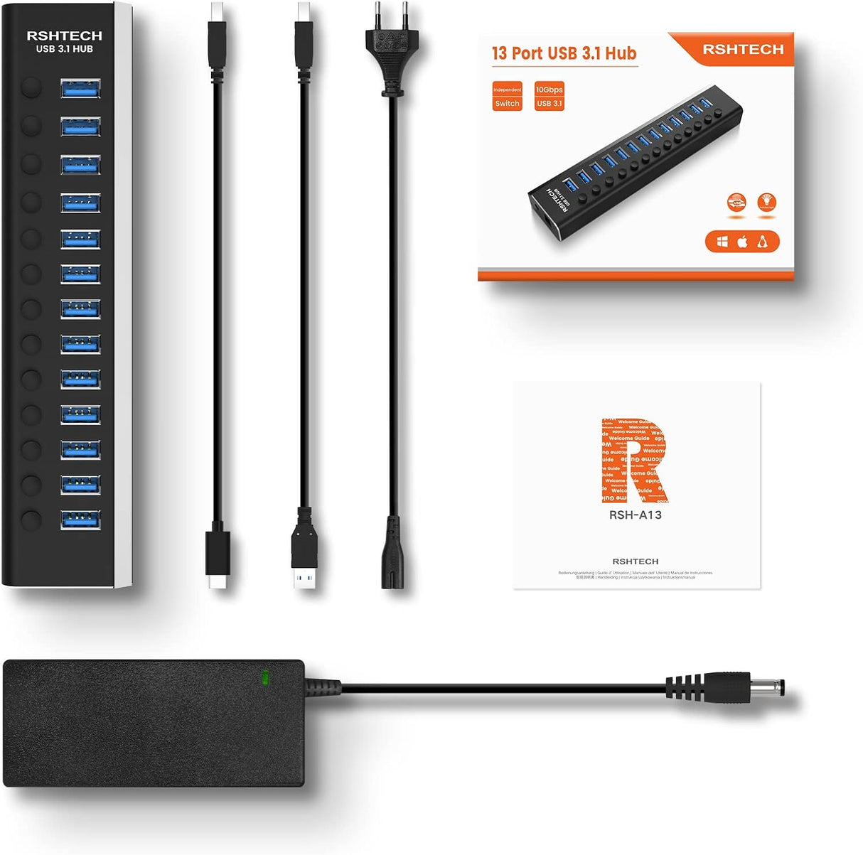 RSHTECH 13 portos USB 3.2 hub aktív tápegységgel, 10Gbps adatátvitel, alumínium