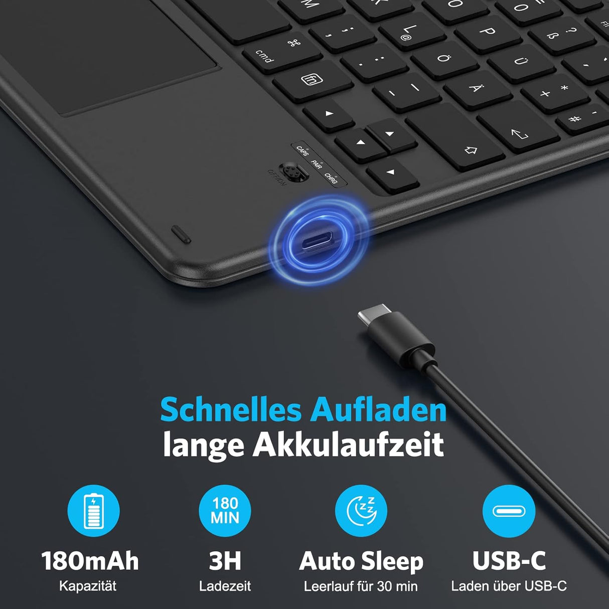 Emetok német QWERTZ Bluetooth billentyűzet trackpaddal iPadhez, fekete - Image 3