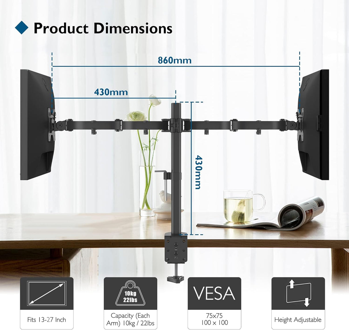 BONTEC Dupla Monitorkar 13-27" Képernyőkhöz - Állítható, VESA, 2x10kg, Fekete - Image 7