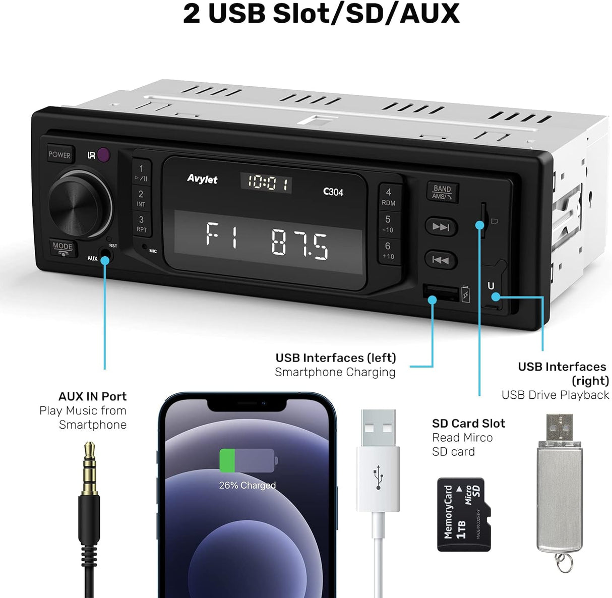 Avylet 1 DIN autórádió Bluetooth 5.0, RDS, 7 színű, 2 USB, MP3 - Image 5