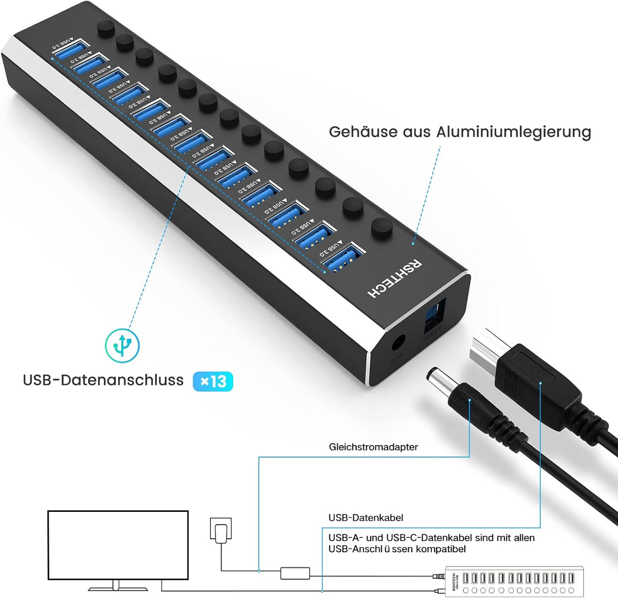 RSHTECH 13 portos USB 3.2 hub aktív tápegységgel, 10Gbps adatátvitel, alumínium