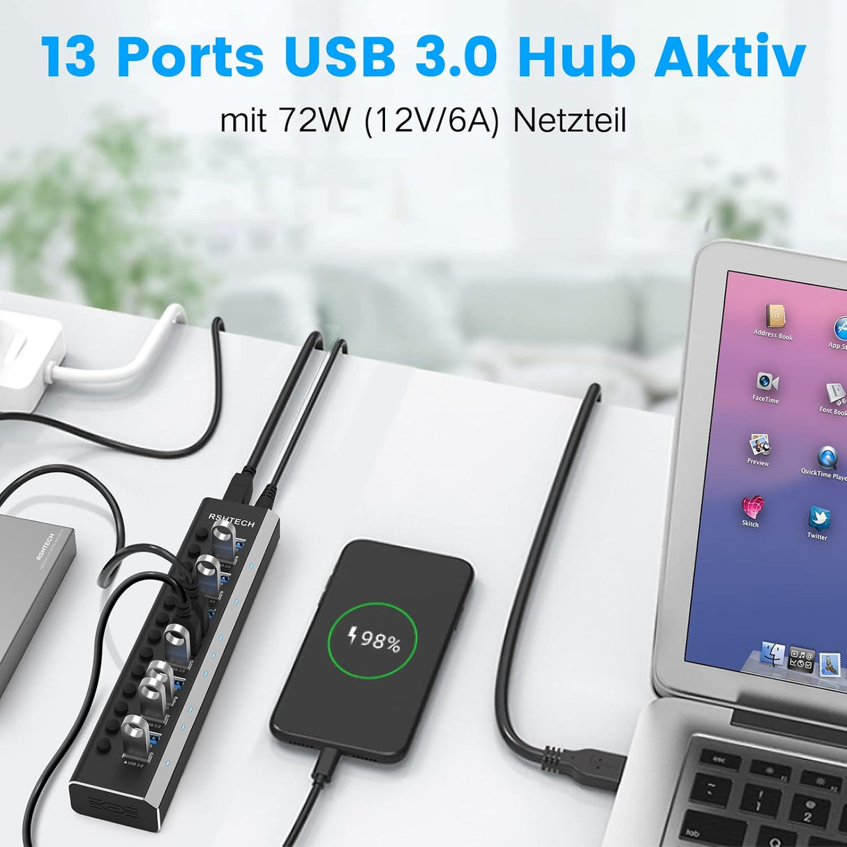 RSHTECH 13 portos USB 3.2 hub aktív tápegységgel, 10Gbps adatátvitel, alumínium