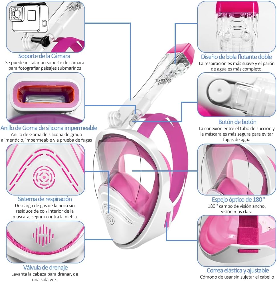 HINATAA Rózsaszín Búvármaszk L/XL Felnőtteknek és Gyerekeknek - 180° Látómező, Párásodásgátló, Kameratartó - Image 5