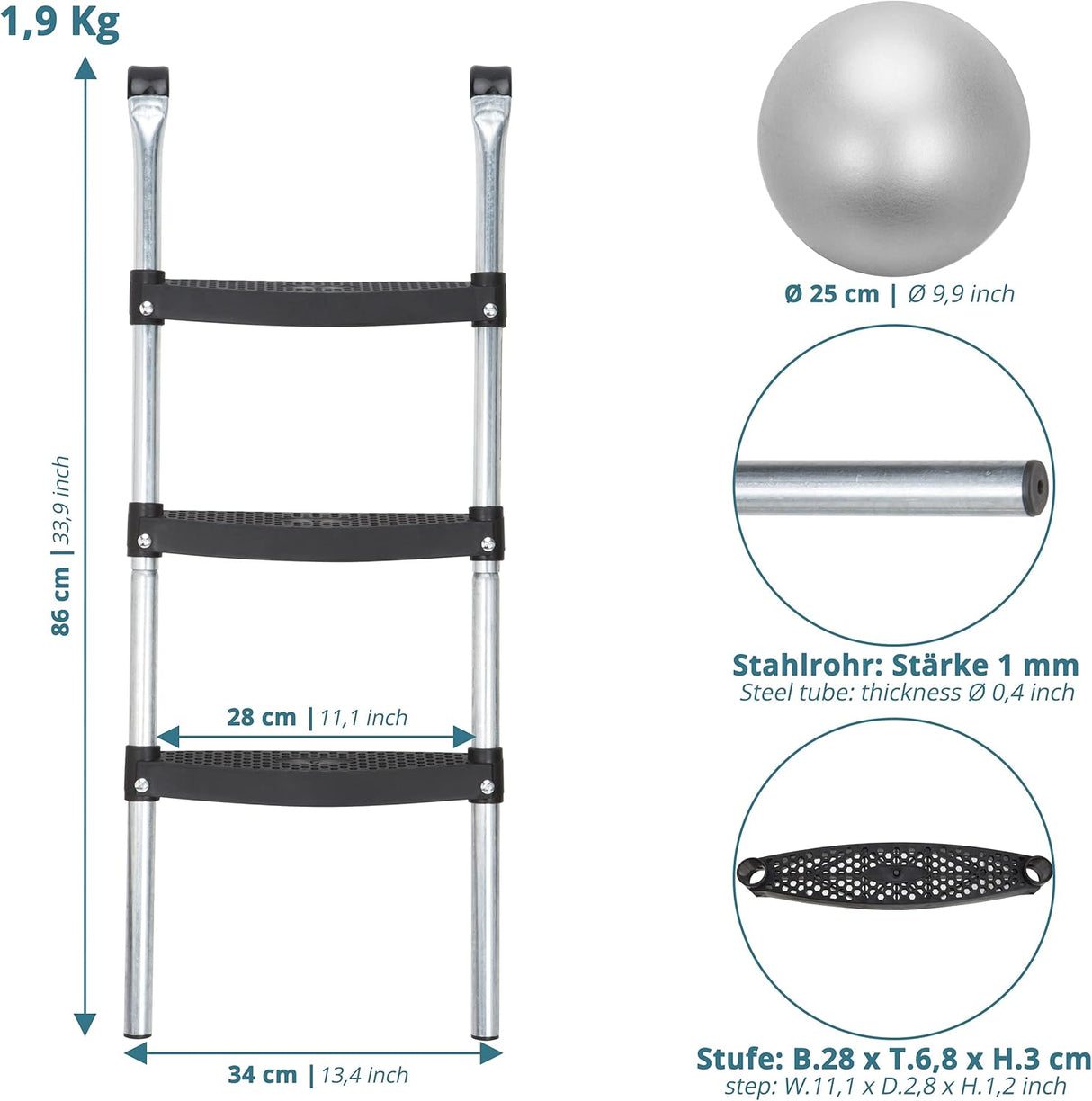 Valuents Ezüst Trambulin Létra - 86 cm, 3 Széles Fokkal + Ajándék Pilates Labda - Image 6