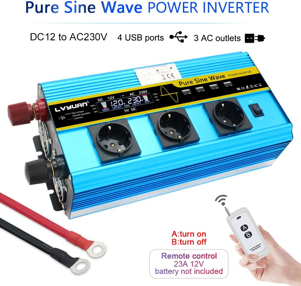 Tiszta szinuszos 3000W/6000W inverter, 12V-230V, 3 EU aljzat, 4 USB, LCD - Feszültség átalakító