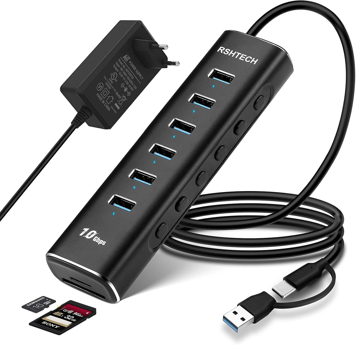 RSHTECH 8 portos USB 3.2 Hub SD/TF kártyaolvasóval, tápegységgel