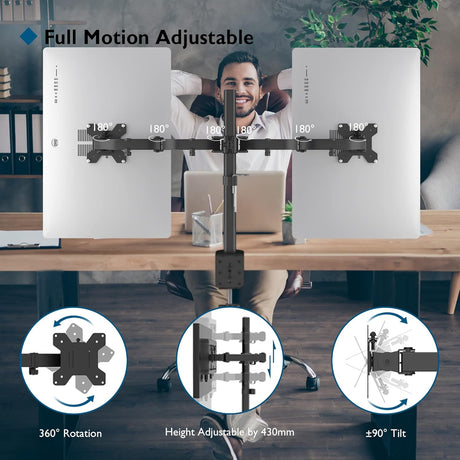 BONTEC Dupla Monitorkar 13-27" Képernyőkhöz - Állítható, VESA, 2x10kg, Fekete - Image 2