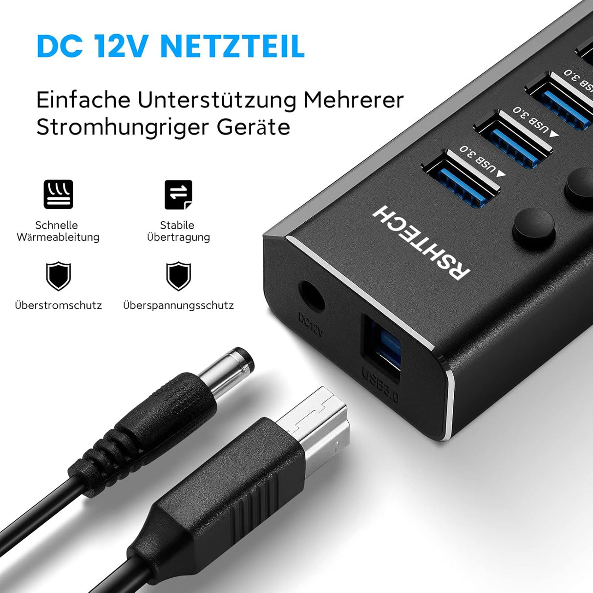 RSHTECH 13 portos USB 3.2 hub aktív tápegységgel, 10Gbps adatátvitel, alumínium