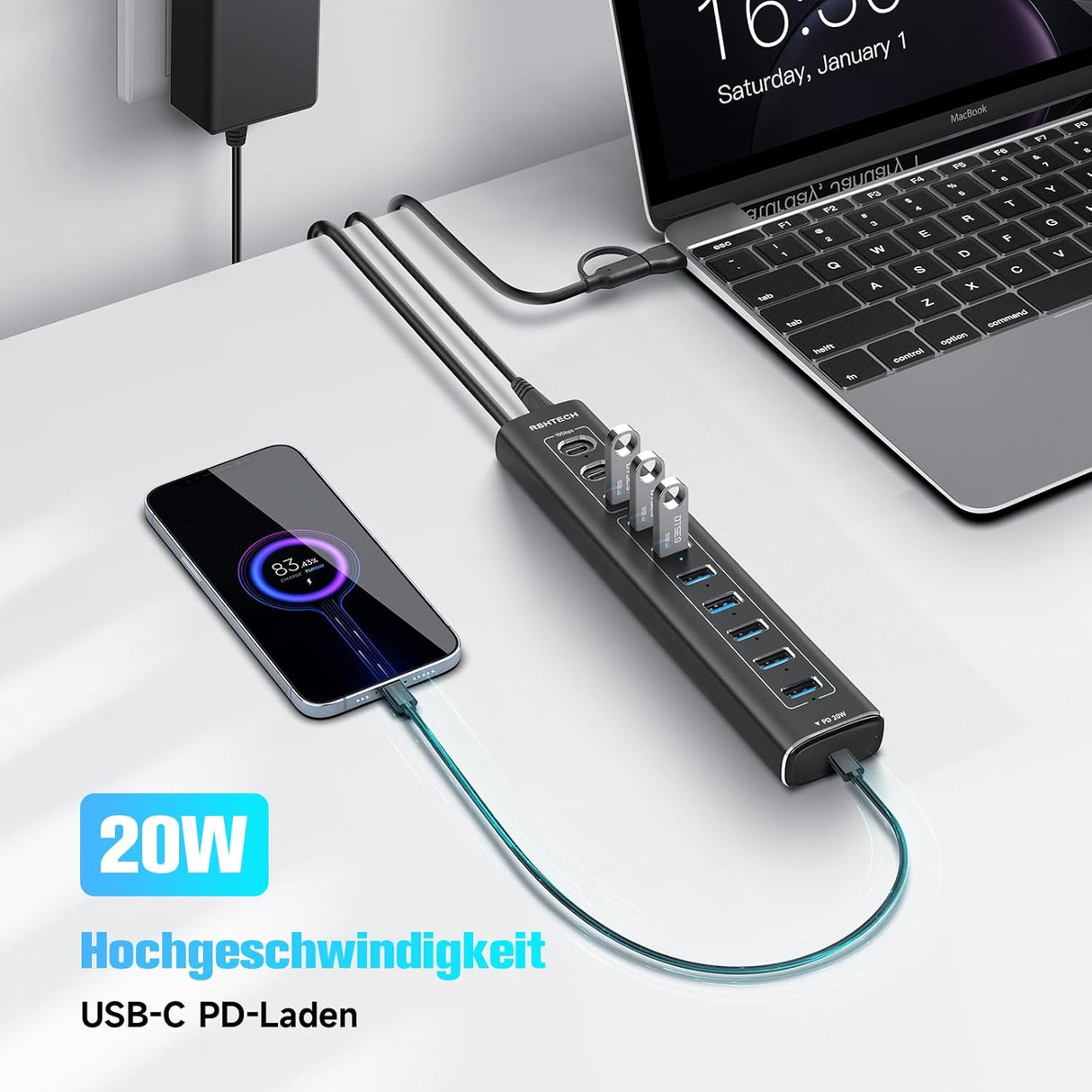 RSHTECH 11 portos USB-C hub 60W tápegységgel, 20W PD és 10Gbps átvitellel