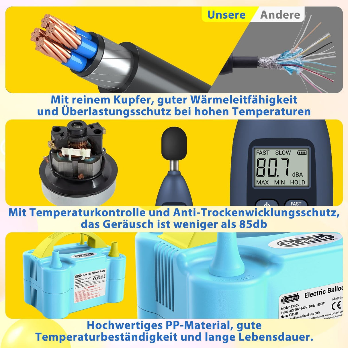 Dr.meter 600W Elektromos Léggömbpumpa Dupla Fúvókával - Kék, Hordozható Lufi Felfújó Partikhoz - Image 8