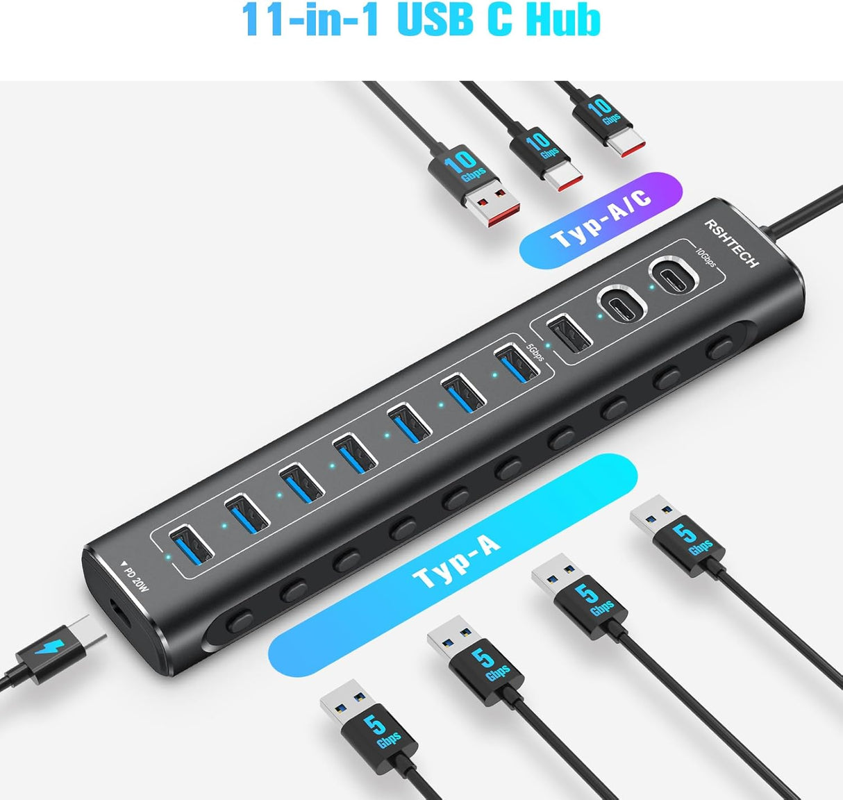 RSHTECH 11 portos USB-C hub 60W tápegységgel, 20W PD és 10Gbps átvitellel