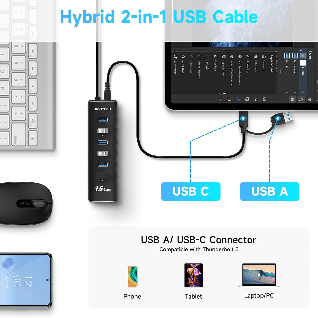 RSHTECH 8 portos USB 3.2 Hub SD/TF kártyaolvasóval, tápegységgel