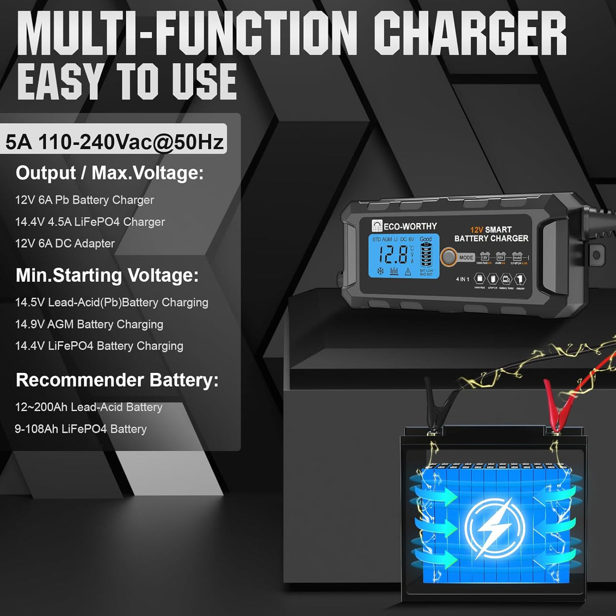 ECO-WORTHY 5A 12V Autó Akkumulátor Töltő és Karbantartó - Lítium Aktiválással, Többféle Járműhöz - Image 2