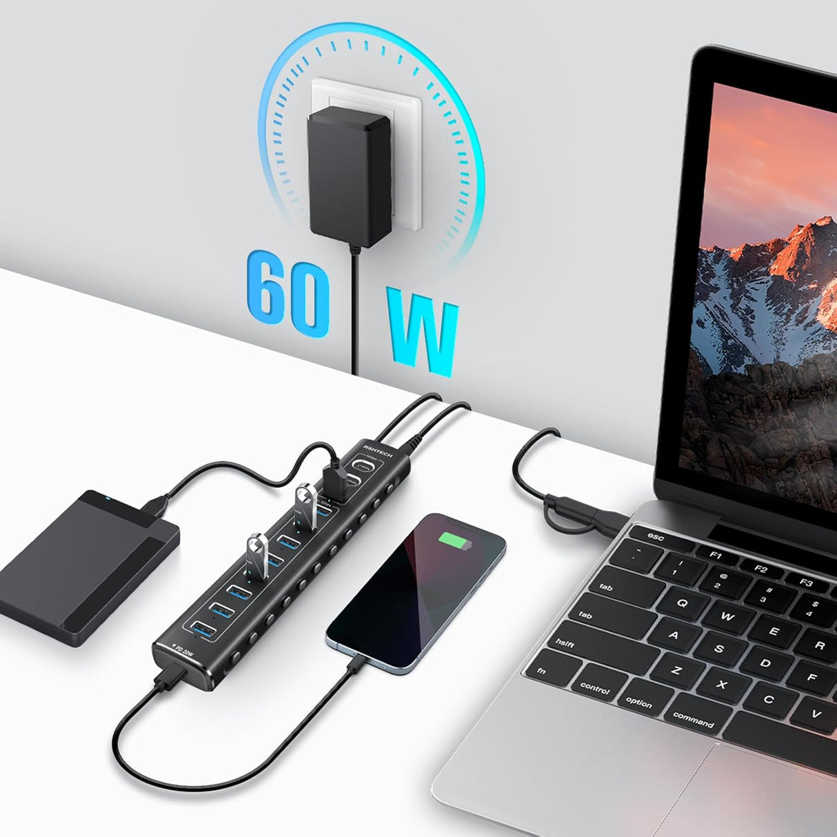 RSHTECH 11 portos USB-C hub 60W tápegységgel, 20W PD és 10Gbps átvitellel