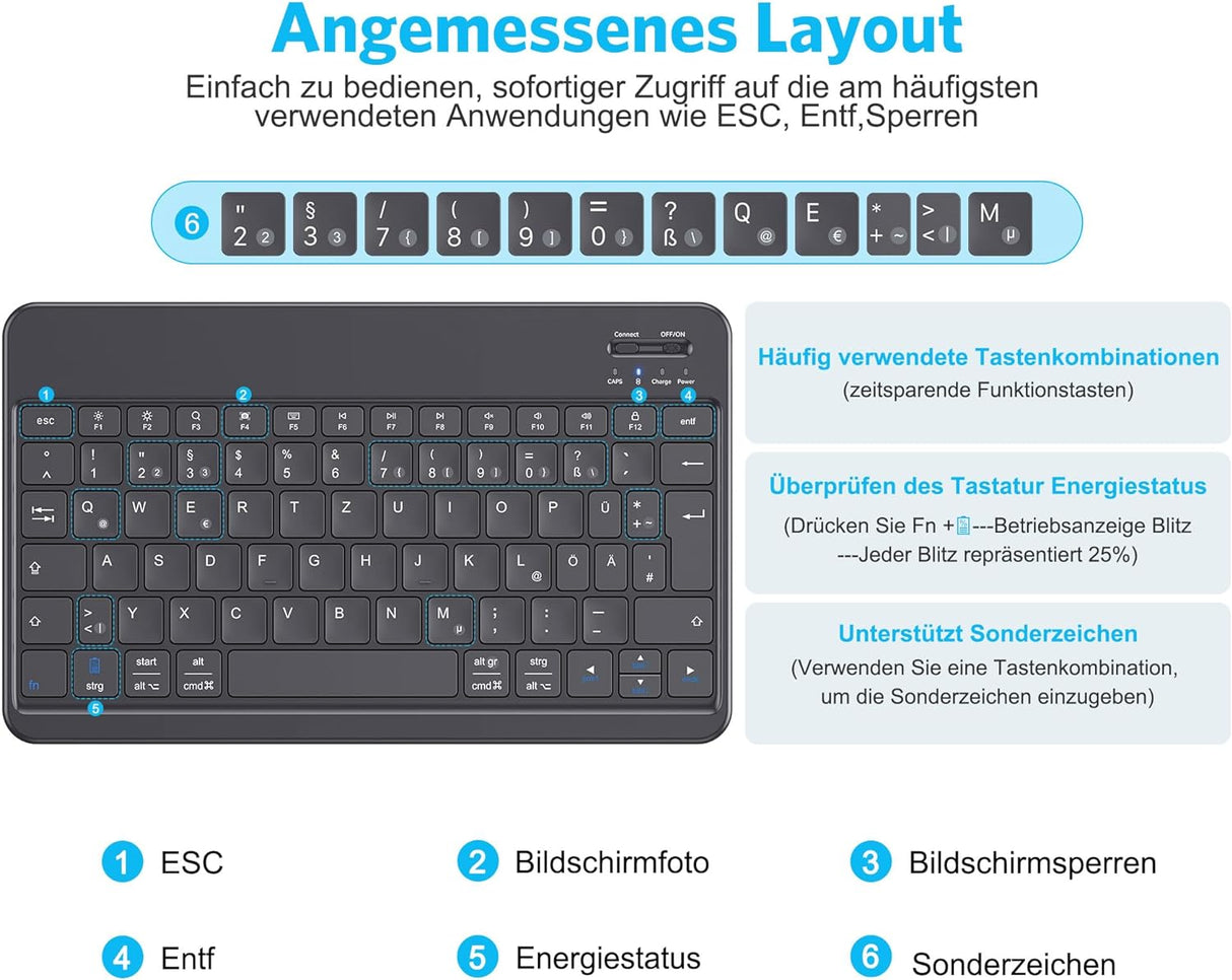 Emetok Német QWERTZ Bluetooth Billentyűzet iPad/iPhone/Samsung Készülékekhez - Újratölthető, Ultravékony, Fekete - Image 4