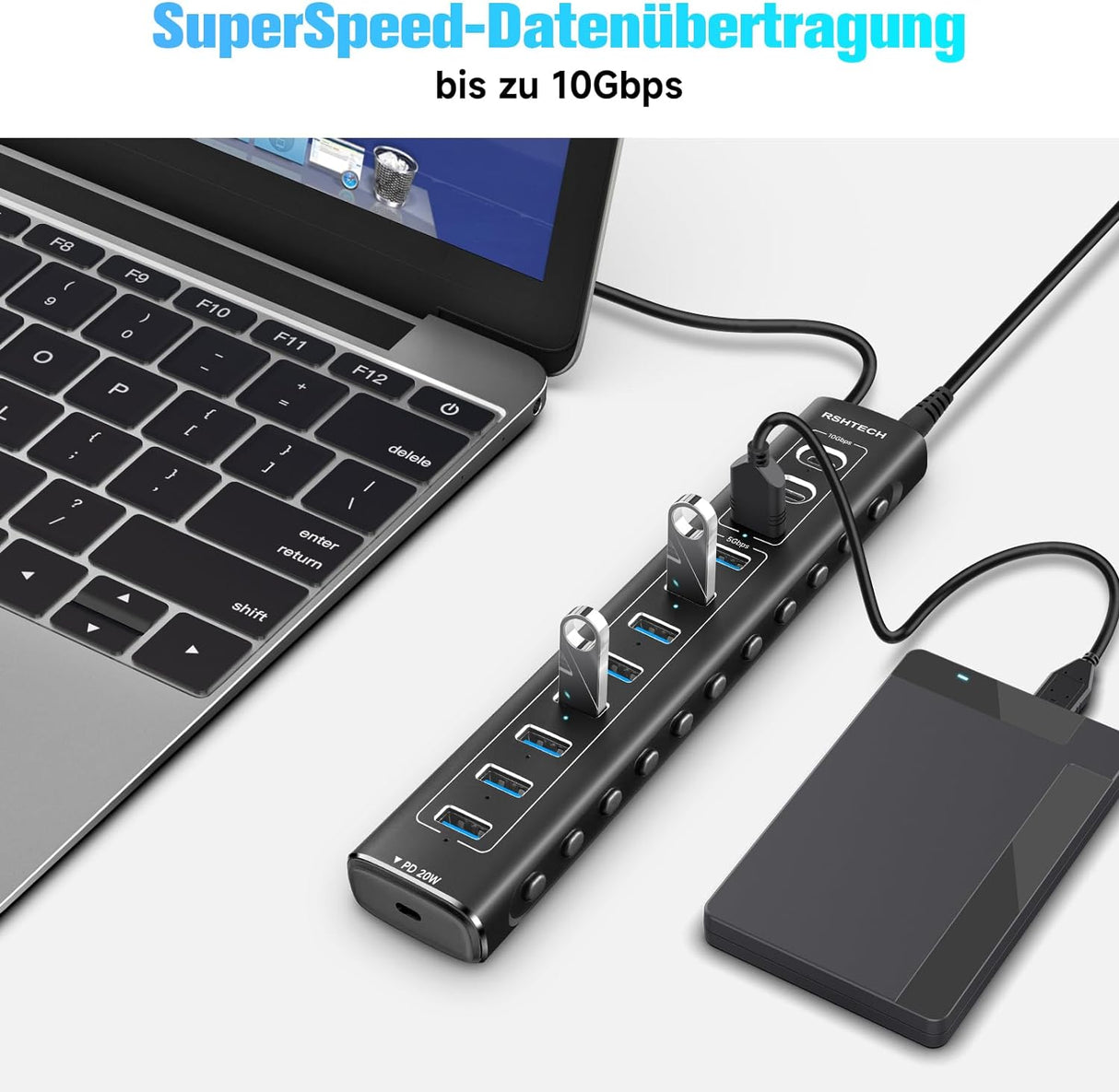 RSHTECH 11 portos USB-C hub 60W tápegységgel, 20W PD és 10Gbps átvitellel