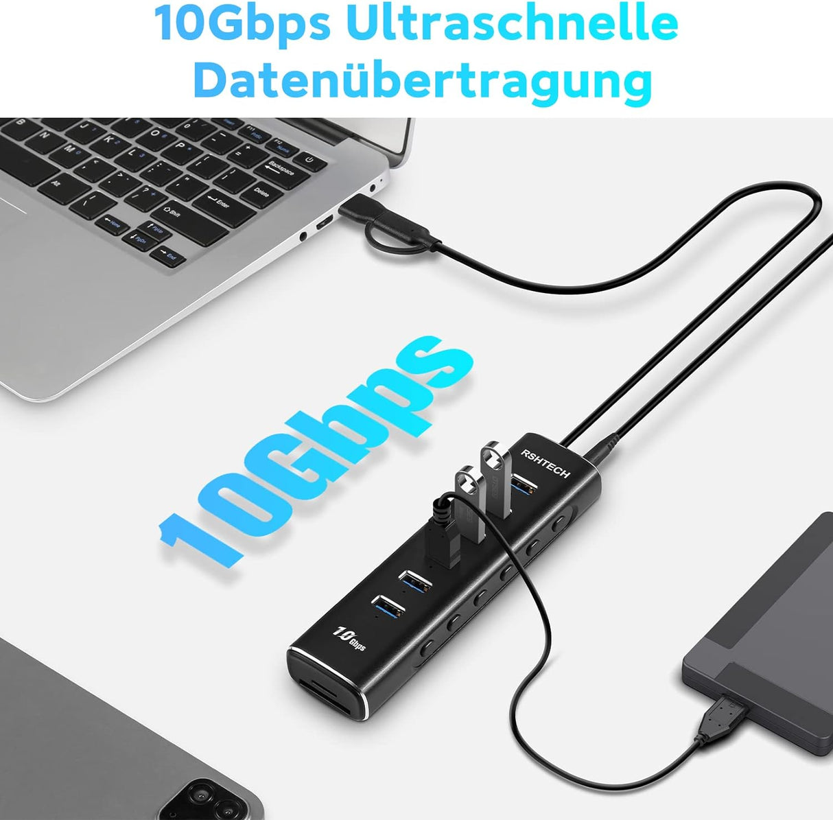 RSHTECH 8 portos USB 3.2 Hub SD/TF kártyaolvasóval, tápegységgel