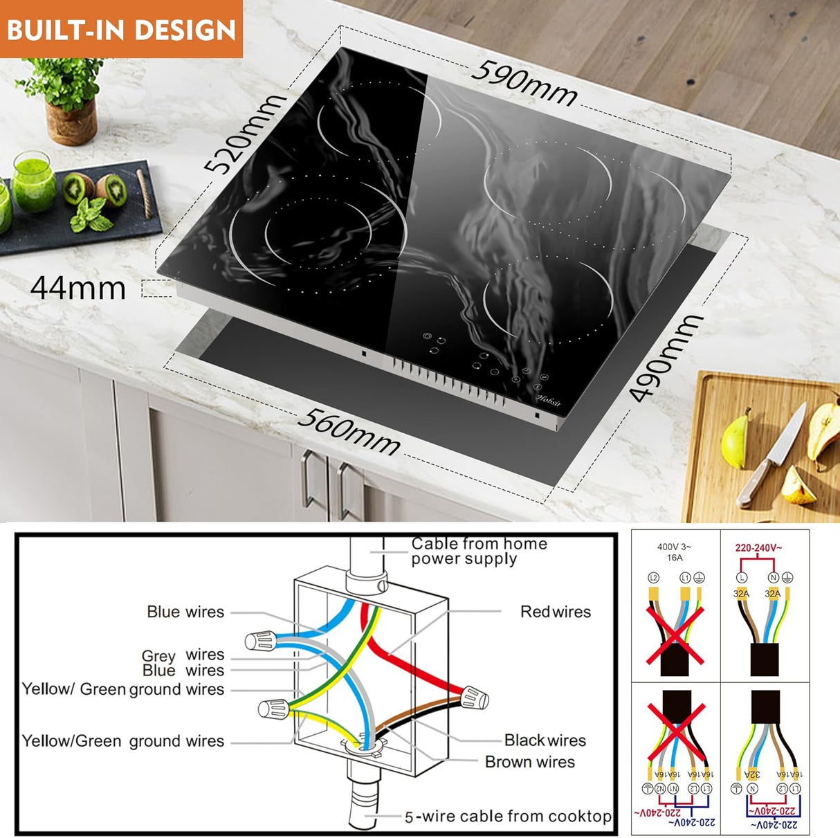 Hobsir 60 cm-es üvegkerámia főzőlap, 4 zónás, érintőszenzoros, 6600W, dupla és ovális zónával - Image 5