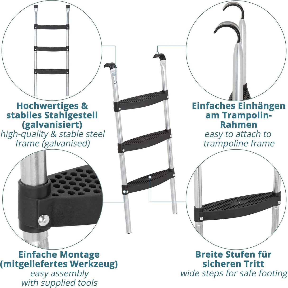 Valuents Ezüst Trambulin Létra - 86 cm, 3 Széles Fokkal + Ajándék Pilates Labda - Image 2