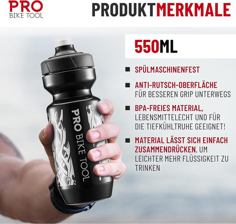 PRO BIKE TOOL Fekete Kerékpár Kulacs 550ml - Gyors Áramlású, Puha Szilikon Szájrésszel