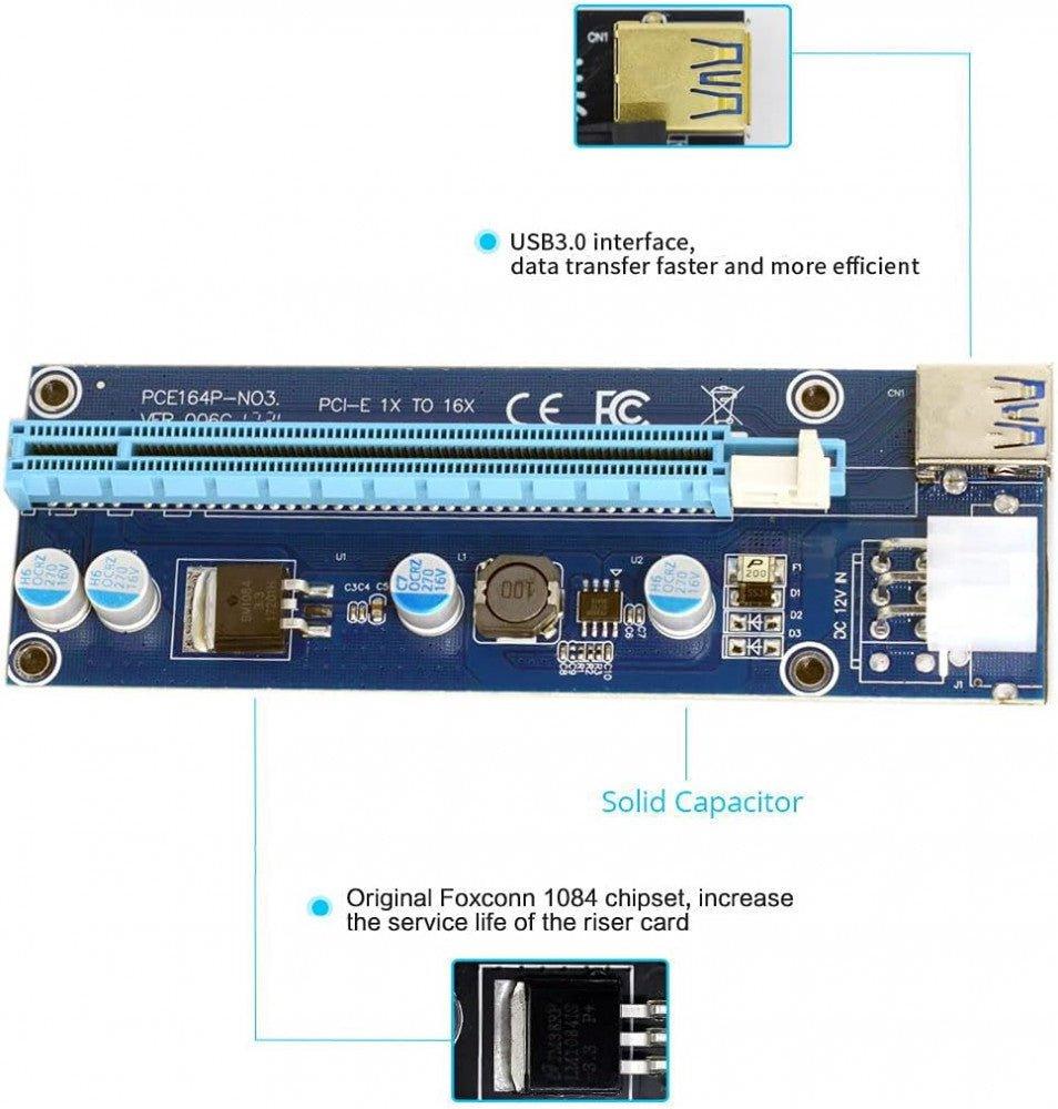 Cablecc PCI-E 1x-16x Bányászgép Erősített Kiterjesztő Riser Adapter USB 3.0 & SATA Tápkábellel - Outlet24