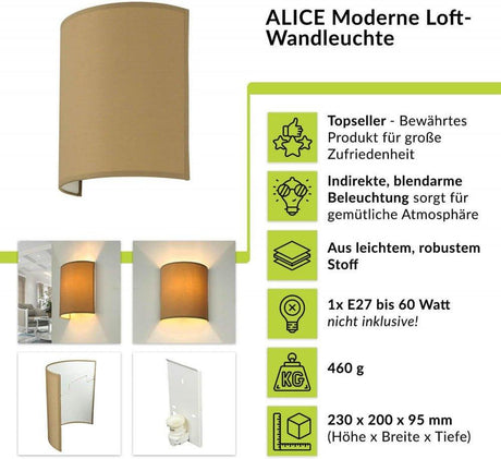 Elegáns E27 60 Watt B20 cm-es falilámpa modern szövetből készült, - Outlet24