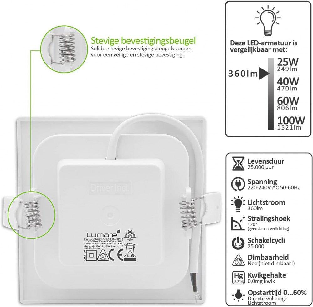 LED Beépíthető Spotlámpa 6W, 360lm, Extra Sekély, Négyszögletes Fehér Keret, IP44 Védettségű, Meleg Fehér 3000K Újracsomagolt termék - Outlet24