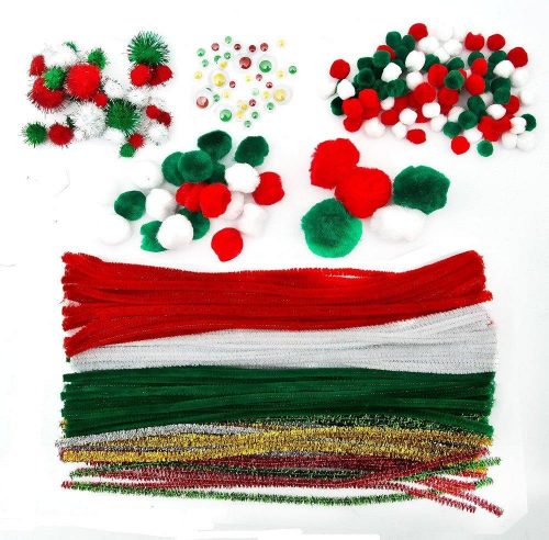 Karácsonyi Dísz Készlet - Piros- Fehér- Zöld -  csomag - Pompoms, Googly Eyes, Pipe Cleaners; 312 Darabos