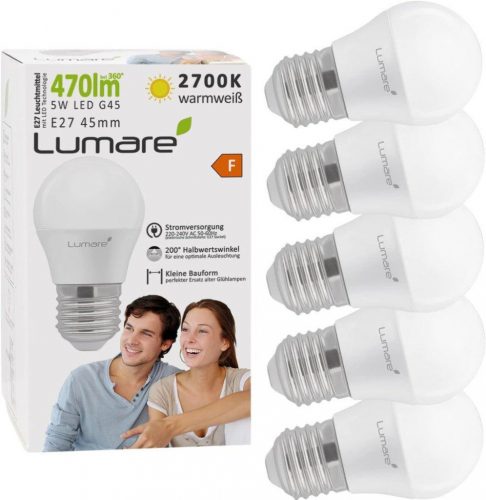 Lumare LED Izzó E27-2700 K 5 W 470 Lumen, G45 Alakú, 270° Sugárzási Szög, Meleg Fehér Színű, 5 darabos csomag Újracsomagolt termék