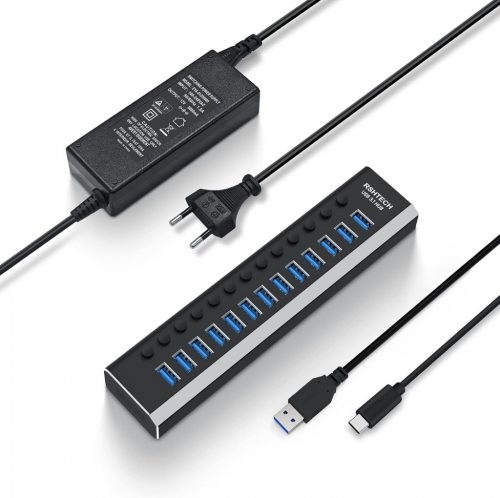 RSHTECH 13 portos USB 3.2 hub aktív tápegységgel, 10Gbps adatátvitel, alumínium