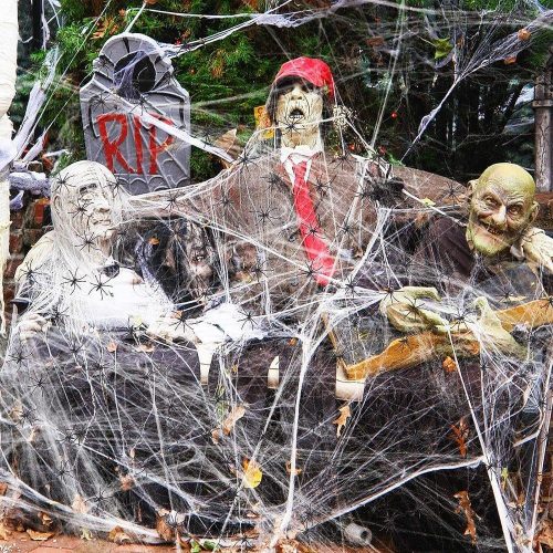 Halloween dekorációs szett 100 g fehér pamut 30 pókkal,Halloween bulijelenet kellék dekoráció