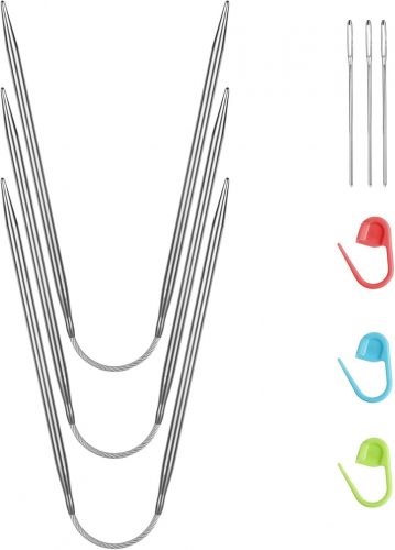 HOTUT 23 cm-es rozsdamentes acél körkötőtű készlet, 3 db-os, kiegészítőkkel